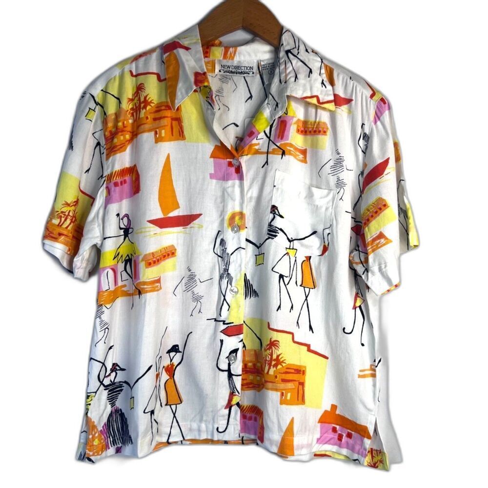 New Direction NWT Novelty‎ Print Cotton Button Up Stick Figure Women Small
